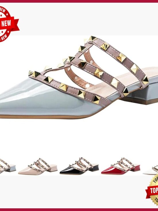 Shoes - Patent Leather Pointed Toe Heeled Sandals with Rivet Studs Chunky Mid Heel